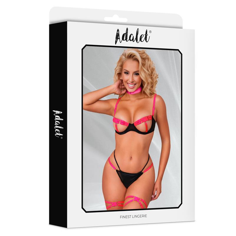 Pauline Set Sujetador, Tanga, Ligas y Choker Negro y Rosa - Imagen 3